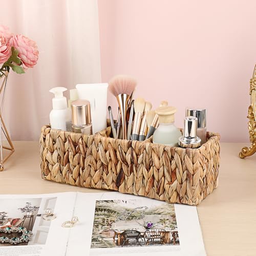 BTSKY Handwoven Remote Control Holder for Table, Natural Water Hyacinth Remote Control Caddy Small Wicker Storage Basket, 3-Compartment Office Supplies Desk Organizer Rustic Makeup Brushes Holder - size: 3-Slot