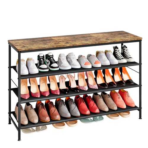 INGIORDAR Shoe Rack Organizer 5 Tier Metal Organizer Shelf with Industrial MDF Board and Layer Fabric for Entryway Closet Bedroom Living Room Garage (Black+Rustic Brown, 4 Tier(47.2" W)) - color: Black+rustic Brown, size: 4 Tier(47.2"W)