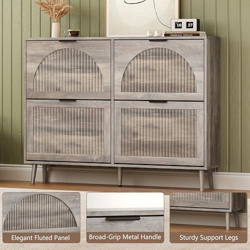 BORNOON Shoe Cabinet for Entryway with 4 Flip Drawers, Slim Wooden Shoe Storage Organizer with Modern Fluted Pannel，Freestanding Narrow Hidden Shoe Rack for Hallway, Foyer, Living Room - color: Grey, size: 4 Flip Drawers