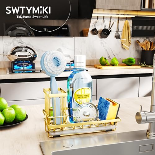 SWTYMIKI Sink Caddy Kitchen Sink Organizer with Detachable Brush Holder, Stainless Steel Sponge Holder with Removable Drip Tray Sponge Caddy for Kitchen Countertop, Gold - color: Gold, size: Medium