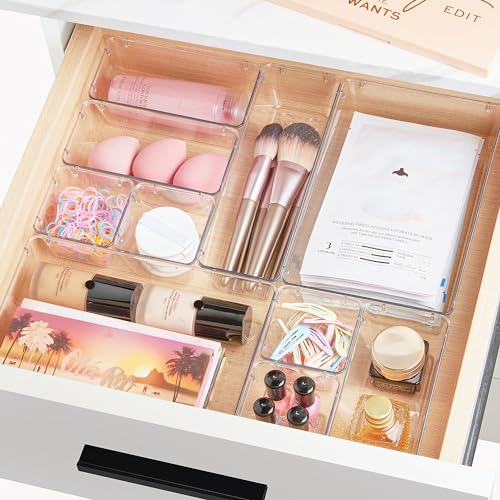 Vtopmart 44 PCS Clear Plastic Drawer Organizers Set, 4-Size Versatile Bathroom and Vanity Organizer Trays, Non-Slip Storage Containers for Makeup, Jewelries, Bedroom，Kitchen Utensils and Office - color: Clear