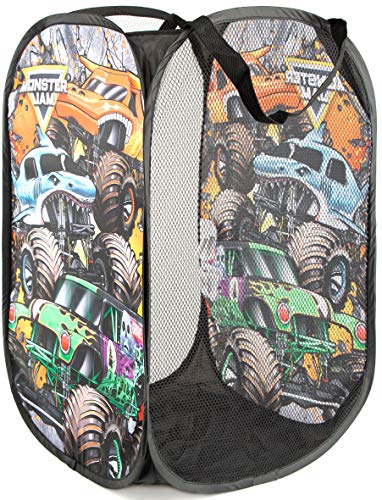 Jay Franco Monster Jam Break Out Pop Up Hamper - Mesh Laundry Basket/Bag with Durable Handles - Features Grave Digger & Megalodon - color: Monster Jam