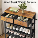 Kitstorack Shoe Rack, 4 Tier Shoe Organizer for 9-12 Pairs of Shoes, with 2 Drawers, 3 Fabric Shelves and Wooden Top, Shoe Rack for Closet Entryway, Rustic Brown