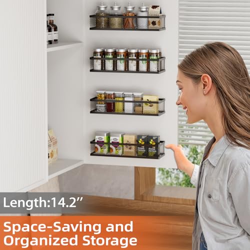 Spice Rack Wall Mount, 4 Pack Pantry Door Organizer & Hanging Storage Baskets Organizer Wall Mount, Large Capacity Metal Spice Shelf for Kitchen Cabinet, Pantry Doors, Bathroom, Shower, Home Decor - color: Black