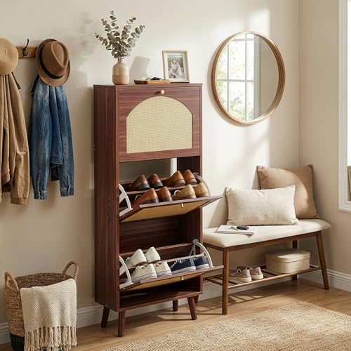 Karl home Shoe Rack Storage Organizer, Rattan-Panel 3-Tilt-Out Shoe Storage Cabinet, Hidden Shoe Storage for Entryway,Ideal for Heels,Slippers,Casual Shoes, Brown - color: Brown, size: 3-Tilt-Out
