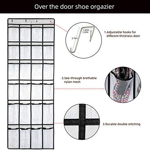 SAVERHO Over the Door Shoe Organizer, Hanging Shoe Organizer with 24 Mesh Large Pockets Door Shoe Rack Organizer for Men Women Kids Hanging Shoe Storage Bag.(White - color: White-1pack of 24 pocket