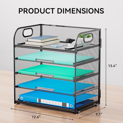 Paper Organizer Letter Tray with Handle, 5-Tier Black Stackable Desk Organizer with Metal Mesh, Sturdy Paper Tray for Office Desk, Home & Classroom Supplies Storage - color: Black, size: 12.6" x 9.1" x 13.4"