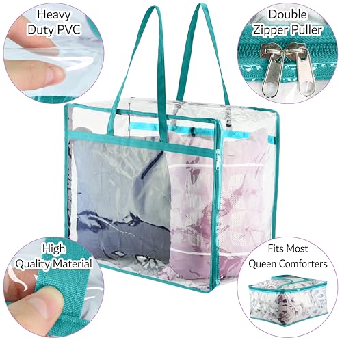 Clear Vinyl Zippered Storage Bags (3-Pack) 40L Sturdy Storage Bags for Sweaters, Blankets, Comforters, Bedding Sets and Much More! (Turquoise, 18x15x9) - color: Turquoise