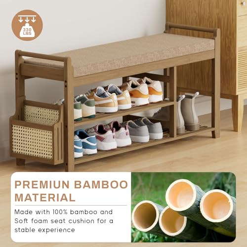 Homaxy 2-Tier Shoe Rack Bench with Side Holder, 39.4 in Bamboo Entryway Bench, Shoe Rack Organizer with Cushion for Front Entrance, Hallway Living Room Bedroom, Walnut and Light Brown - color: Walnut and Light Brown, size: 39.4 in