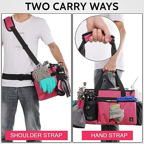 Large Cleaning Caddy Bag Built-in Sturdy Support Board, Cleaning Organizer with Detachable Divider, Cleaning Supply Tote with Adjustable Shoulder Strap&Waist Belt for Cleaners & Housekeeper - color: Rose Red
