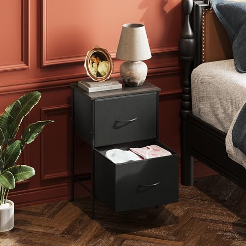WLIVE Night Stand, Small Dresser with 2 Drawers & Wooden Top, Nightstand with Fabric Bins, Bedside Table End Table for Bedroom, Closet, Entryway, College Dorm, Black - color: Black, size: 11.8"D x 15.7"W x 24.9"H