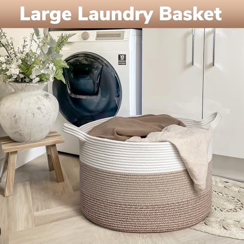Goodpick Large Laundry Basket, Woven Rope Storage Basket for Blanket, Toy Bin for Baby Room, Nursery, Bedroom, Toys, 21.7'' x 13.8'', Light & Brown - color: White & Light Brown, size: 21.7x21.7x13.8 Inch (Pack of 1)