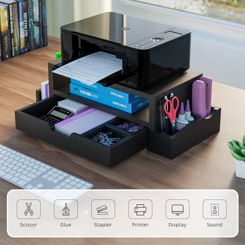 Simple Trending Wood Monitor Stand Riser with Drawer and Pen Holder, Desk Organizer for Home Office, Black