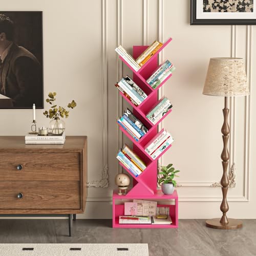SHEEPAM 9 Tier Tree Bookshelf,Christmas Green Bookcase for Narrow Space, Storage Organizer Floor Standing Bookshelves for Books, Tall Book Case for Home Office, Living Room, Bedroom - color: Pink, size: 9 Tier