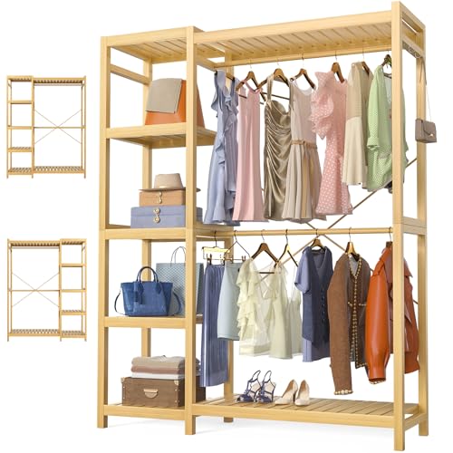 Homykic Bamboo Clothes Rack Garment Rack for Hanging Clothes, Heavy Duty Clothing Rack with 7 Tiers Adjustable Shelves, Double Rods, 4 Hooks, Freestanding Closet System Organizer Wardrobe, Natural - color: Natural, size: II Medium