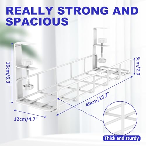 15.7” Under Desk Cable Management Tray, No Drill Heavy Duty Steel Standing Desk Cable Management, Wire Management Tray Cable Rack with Clamp Mount, Adjustable Metal Under Desk Tray (White, 1 Pack) - color: White, size: 1 Pack