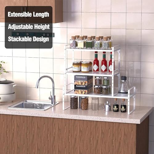 ‎Expandable Kitchen Cabinet Storage Shelf, Stackable Metal Pantry Storage Shelves Organizer, Adjustable Height Counter Spice Rack for Kitchen Cabinet (White - 16.5"-27" L x 10.2" W x 9.6" H - 3Pack) - color: White-3pack, size: Large - L16.5-27'' * W10.2''