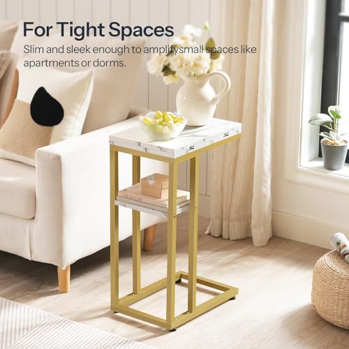 HOOBRO Foldable End Table, Gold C Shaped Side Table with Storage Shelf, Small Snack Table Suitable for Living Room Bedroom Small Spaces, Easy Assembly, Gold and Marble DM29SF01 - color: Marble + Gold