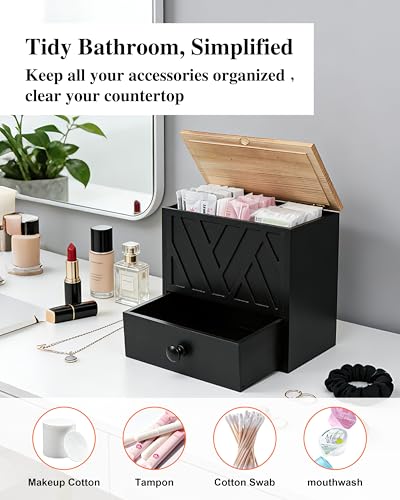 Tampon Holder for Bathroom Decor Feminine Product Organizer With Lid & Drawer Shark Week Box Girl Stuff (1, BLACK) - color: BLACK