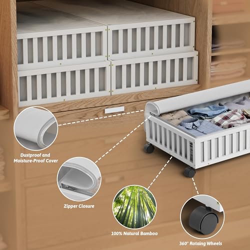 Bamboo Under Bed Storage Containers with Wheels, 2 Pack Large Under the Bed Shoe Storage Bins, Wood Rolling Underbed Drawers Organizer for Bedroom Closet Clothes Blanket Under Crib Toy White - color: White, size: 2 PCS (33.07"×16.54")