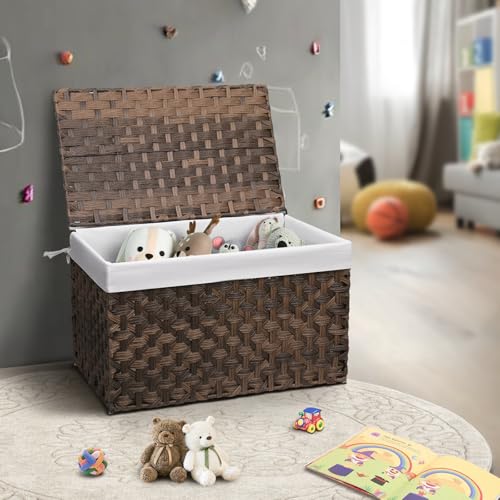 Wicker Storage Basket with Lid, 27.7 Gallon (105L) Large Blanket Basket with Lid, Woven Storage Bin with Handles, Removable Liner, Metal Frame, Foldable, for Bedroom, Laundry Room, Brown - color: Brown, size: 105L:15.7 x 26 x 15.7 Inches