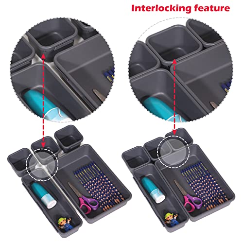 Set of 12 Interlocking Desk Drawer Organizer Tray Dividers Plastic Shallow Narrow Drawers Organizers Separators and Storage Bins Container for Kitchen Bathroom Makeup Office Vanity Bedroom Dresser - color: Black