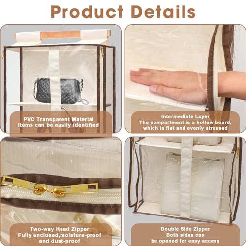 Silkfly 2 Pack Hanging Purse Organizer for Closet Clear Handbag Storage Hanger with Zipper Holder Over The Door Wardrobe Tote Bag Storage Holder for Bedrooms Living Room(Beige) - color: Beige