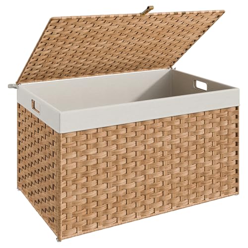 HOOBRO Storage Basket with Lid, 42.3 Gallon (160L) Wicker Basket, Handwoven Blanket Storage Basket with Handles, Metal Frame and Soft Lining, Foldable for Bedroom, Laundry Room, Natural NL216CW01 - color: Natural, size: 29.9"L x 17.7"W x 18.1"H
