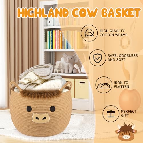 Highland Cute Cow Basket for Nursery, Large Blanket Gift Basket, Woven Rope Cotton Storage, Baby Laundry 0rganizer with Ears Handles, Towels Toy Clothes Gifts Storage Cat Dog Bin,13"D×11.5"H - color: Brown, size: 13"D × 12 "H