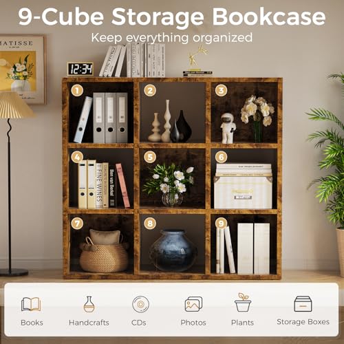 COMHOMA 9 Wood Cube Storage Organizer with Open Back and Removable Back Panels, 11In Brown Cube Storage Bookshelf, Cubicle Shelf Bookcase for Home Office Bedroom Living Room, Vertical or Horizontal - color: 9 Cube Brown