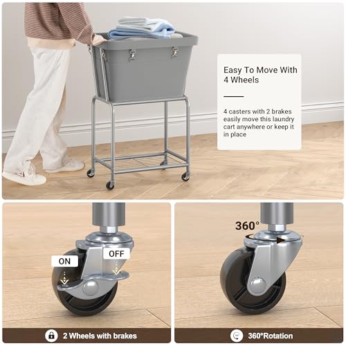 ELYKEN Rolling Laundry Hamper with Wheels, Laundry Cart with Removable Bag, Heavy Duty Metal Frame, 2-Tier Clothes Basket Hamper with Shelf for Closet, Bedroom, Bathroom, Laundry Room, Gray - color: Gray, size: 20.3"l X 15.9"w X 30.9"h