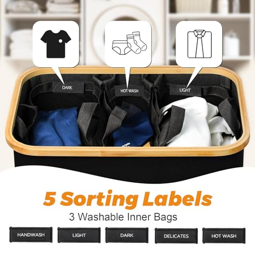 160L Laundry Hamper 3-Section, Laundry Basket with Lid, Dirty Clothes Basket, Laundry Basket Organizer with 5 Sorting Labels and 2PCS Laundry Bags for Bedroom, Dormitory, Laundry Room