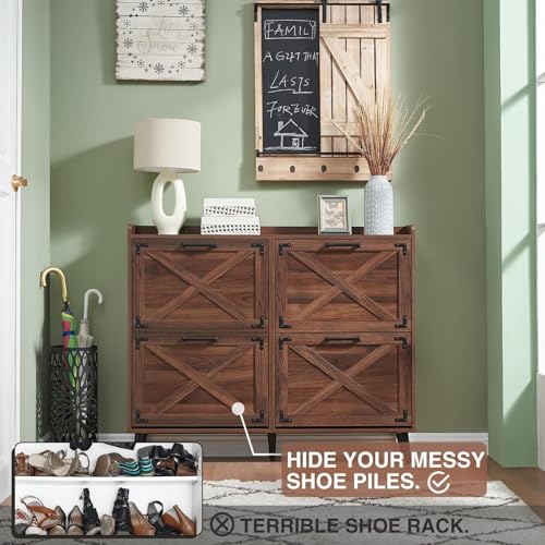 Barnyatoh Shoe Storage Cabinet,Farmhouse Shoe Organizer with 4 Flip Drawers & Barn Door Design,Hidden Slim Narrow Shoe Rack Cabinet for Entryway,Foyer,Hallway,Walnut - color: Walnut, size: 4-Drawers