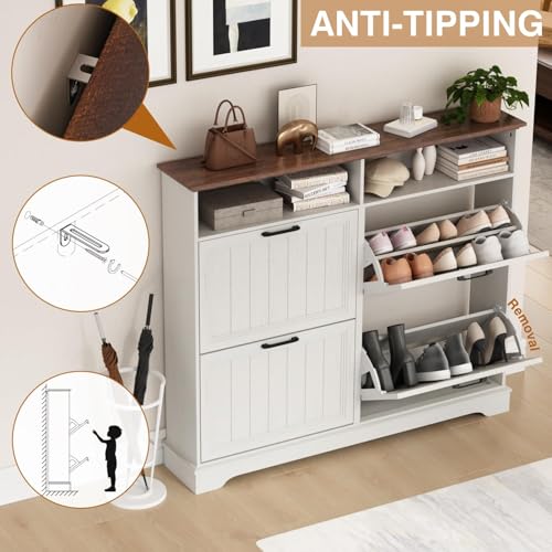 Shoe Storage Cabinet with 4 Flip Drawers, Farmhouse Modern Hidden Shoes Rack Cabinet with Adjustable Shelves & Open Storage, Narrow Slim Shoe Organizer for Front Door Entrance, Entryway, Antique White - color: Antique White, size: 4-Drawers