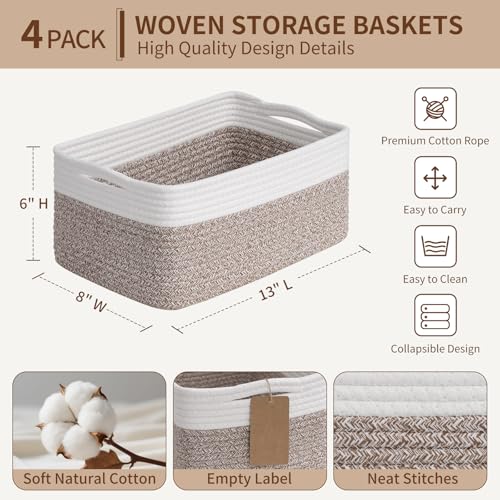 Goodpick 4 Pack Storage Baskets for Shelves, Rectangle Cotton Rope Baskets for Organizing, Woven Storage Basket for Baby Toys Diapers, Decorative Shelf Basket for Gifts, 13''L x 8''W x 6''H - color: Brown & White