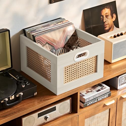 LELELINKY Vinyl Record Storage Crate, Rattan Vinyl Record Holder with Handle, Wood Record Crate for Vinyls Holder up to 75 LP's, Desktop Cube Album Storage for Vinyls Records(Grey White) - color: Grey White, size: 1 Pack