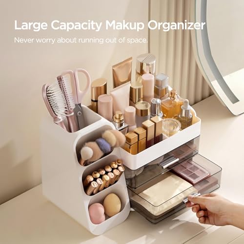 HBlife Makeup Organizer with Brush Holder for Vanity, Large Plastic Bathroom Countertop Organizer Skin Care Storage, Easy to Store Lipsticks, Nail Polishes, Perfumes, Eyeshadow Palettes, White - color: White, size: Large