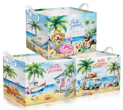 Geelin 3 Pcs Beach Baskets Summer Storage Basket for Gifts Collapsible Waterproof Canvas Cute Storage Bin Organizer with Handles for Book Closet Shelf Nursery Decor - style: Beach