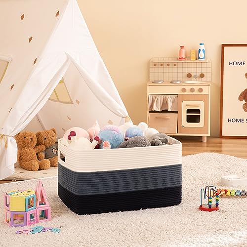 OIAHOMY 108L Super Large Blanket Basket, 25”x16”x16” Rectangle Woven Baskets for Storage, Cotton Rope Basket For Living Room, Toy Storage with Handle - Gradient Blue - color: Gradient Blue