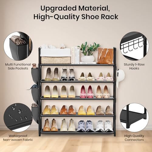 VILICK 5 Tier Shoe Rack with Hook and Side Pocket,Shoe Organizer Space Saver Storage for 20-25 Pair Shoe Storage Shelf Sturdy Free Standing Long Shoe Rack Organizer for Closet,Entryway,Small Spaces - color: Black, size: 33.5"W - 5 Tier