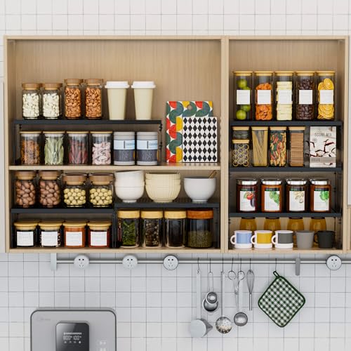 Stackable Expandable Metal Shelf Organizer - Adjustable Wire Storage Rack with Holes for Kitchen, Bathroom, Cabinet, Office - Space Saving, Durable & Sturdy Design（2PACKS/Medium/Black - color: 2packs/Medium/Black, size: Medium