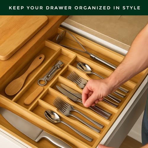 Bamboo Drawer Organizer – Expandable 9 Slot Silverware & Utensil Tray for Kitchen, Office & Kitchen –Fits 13”–19.6” Drawers, Natural Bamboo Wood, Deep Compartments - Durable & Eco-Friendly - size: 9 Slot
