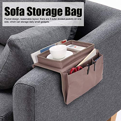 Sofa Armrest Organizer Caddy, 4 Pockets Couch Armchair Caddy TV Remote Control Holder Armchair Couch Bag with Cup Holder Tray for Snacks Glasses Smartphone Magazines(11.8x7.1x7.1in-Brown)