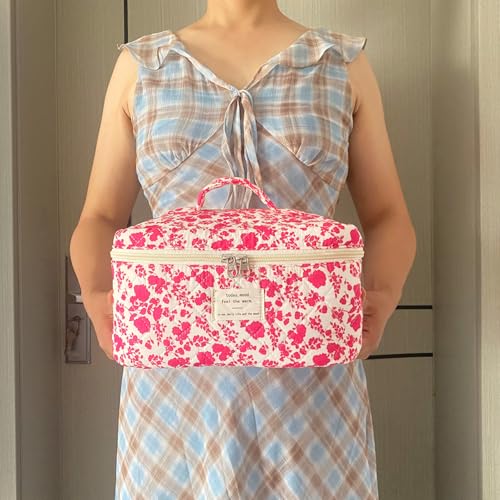 Rose Red Large Quilted Floral Makeup Bag Cute Soft Coquette Aesthetic Cosmetic Bag Cotton Travel Toiletry Bag for Women - color: A-Rose red