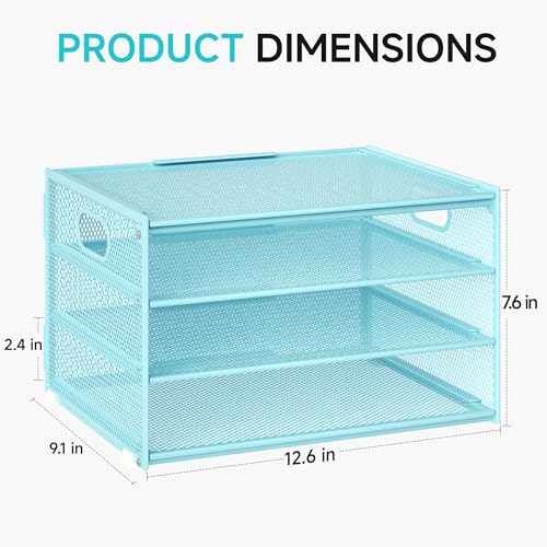 Lavatino 3-Tier Letter Tray Desk Organizer, Mesh Metal Paper File Tray Organizer for Desk, Office Supplies & Home Organization, Fits A4 Paper, Mail, Magazines & Office Accessories (Blue with Handle) - color: 4-tier With Handle - Blue