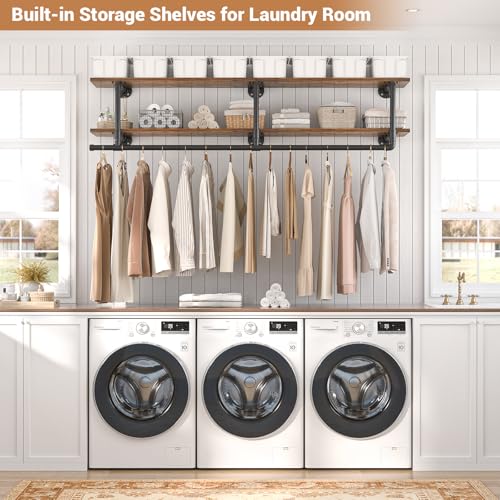 Aheaplus Industrial Pipe Clothes Rack with Top Shelf, 47In Space-Saving Wall Mounted Clothing Rack, 2 Tiers Heavy Duty Pipe Clothing Shelves with Hanging Rod for Laundry Room, Closet, Rustic Brown - color: Rustic Brown, size: 47IN