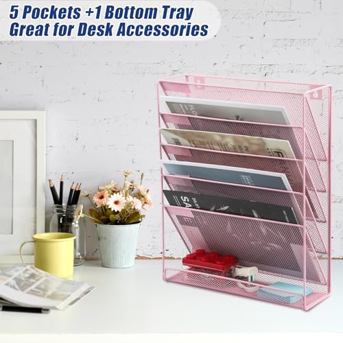 EASEPRES Desk File Organizer Mesh 6-Tier, Hanging Wall Mount Document Organization Stand, Desktop Vertical Mail Paper Folder Holder Rack with Bottom Tray for Office Home Cubicle Countertop, Pink - color: Pink, size: 6 Tier