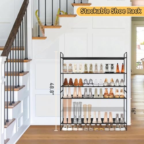 SLEEPING LAMB Long 3-Tier Shoe Organizer for Closet, Stackable Wide Shoe Rack Holds 24-Pairs Shoe Storage Shelf for Bedroom, Floor, Entryway (Black) - color: Black, size: 11.4 x 42.5 x 24.4