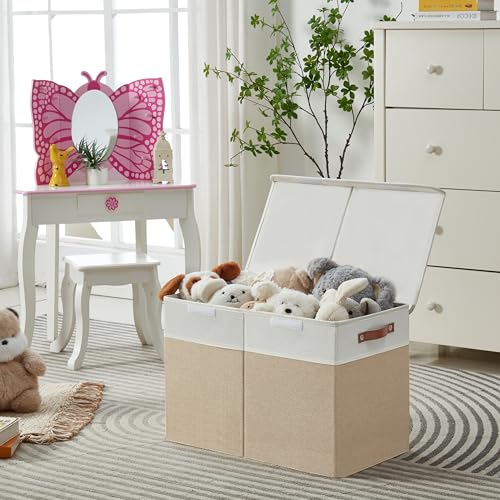 Bagnizer Large Toy Storage Box with Lids, Collapsible Sturdy Baby Storage Organizer Chest Bin Basket for Kids, Boys, Girls, Playroom, Nursery, Bedroom, Closet 25"x13"x16" (Beige and White) - color: Beige and White