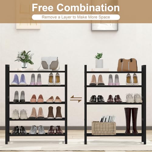Haddockway Bamboo Shoe Rack for Closet, Free Standing Shoe Organizer with Smooth Round Rods & Convenient Handles, Stackable Shoe Storage Shelf for Entryway, Hallway(Black, 5-Tier(Small)) - color: Black, size: 5-Tier_Small